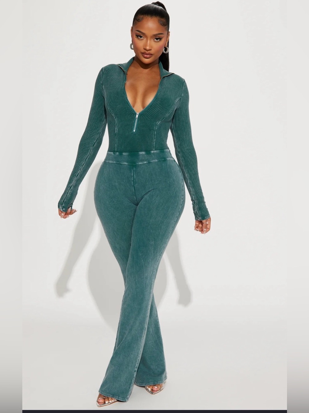 Fashion Nova Teal Ribbed Zip-Front Flare Jumpsuit